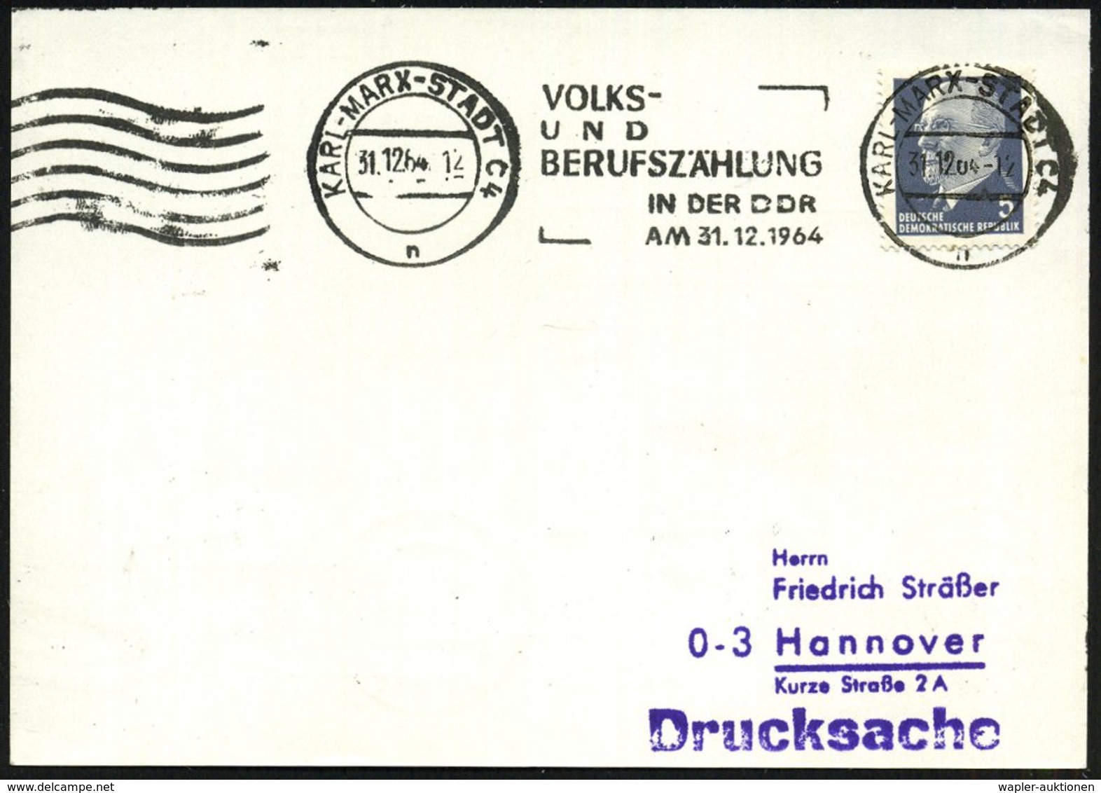 1964 (31.12.) KARL-MARX-STADT C 4, Band-Maschinen-Werbestempel: VOLKS- UND BERUFSZÄHLUNG IN DER DDR (+ 6 Wellen) Inl.-Ka - Other & Unclassified