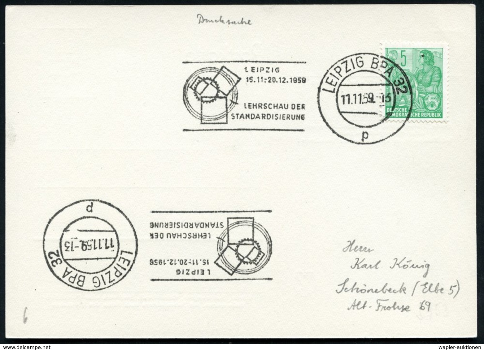 1959 (11.11.) LEIPZIG BPA 32, Maschinen-Werbestempel: LEHRSCHAU DER STANDARDISIERUNG = Pythagoras "a² + B² = C²" , Inl.- - Sonstige & Ohne Zuordnung