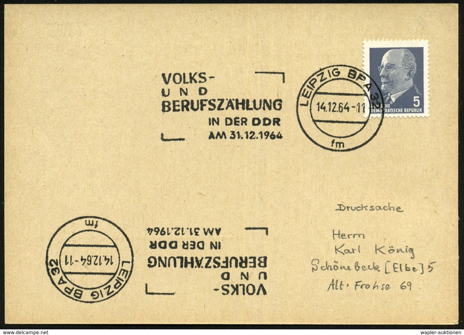 1964 (14.12.) LEIPZIG BPA 32, Maschinen-Werbestempel: VOLKS- UND BERUFSZÄHLUNG IN DER DDR, Inl.-Karte (Bo.S 1162 A) - Ma - Other & Unclassified