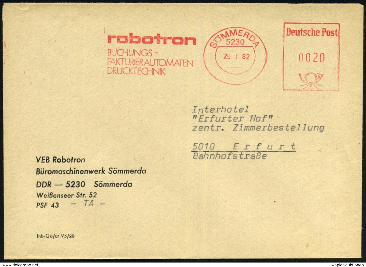 1982 (29.1.) 5230 SÖMMERDA, Absender-Freistempel: Robotron BUCHUNGS- FAKTURIERAUTOMATEN.., Firmenbrief - Mathematik & Co - Other & Unclassified