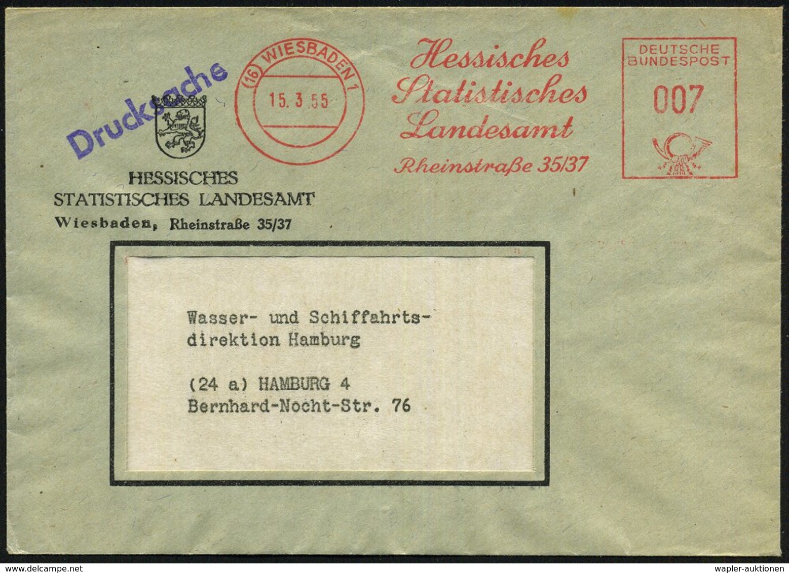 1955 (15.3.) (16) WIESBADEN 1, Absender-Freistempel: Hessisches Statistisches Landesamt. Dienstbrief - Mathematik & Comp - Other & Unclassified