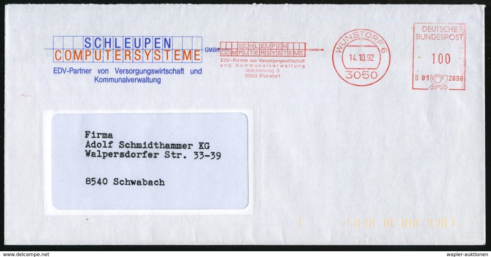 1992 (14.10.) 3050 WUNSTORF 6, Absender-Freistempel: SCHLEUPEN COMPUTERSYSTEME.. (Quadrate) Zweifarbiger, Motivgleicher  - Other & Unclassified