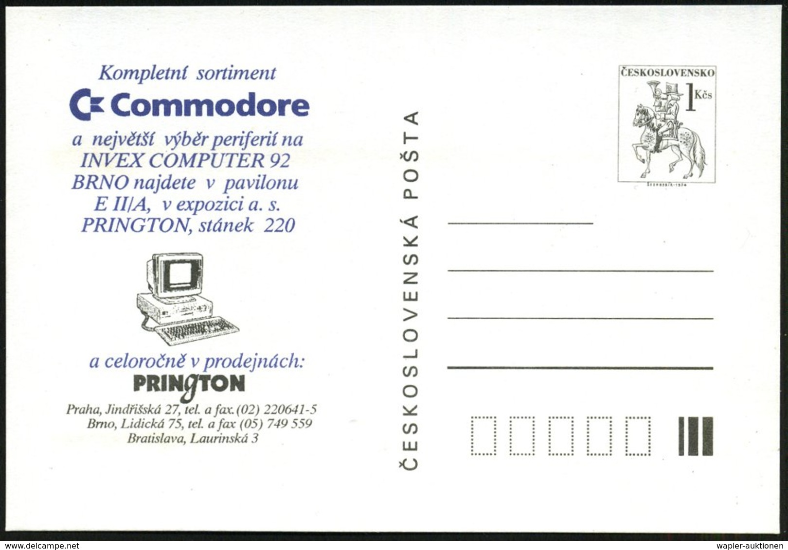 1992 TSCHECHOSLOWAKEI, PP 1 Kcs. Postreiter: Commodore Computer (Computer Mit Tastatur), Ungebr. - Mathematik & Computer - Other & Unclassified