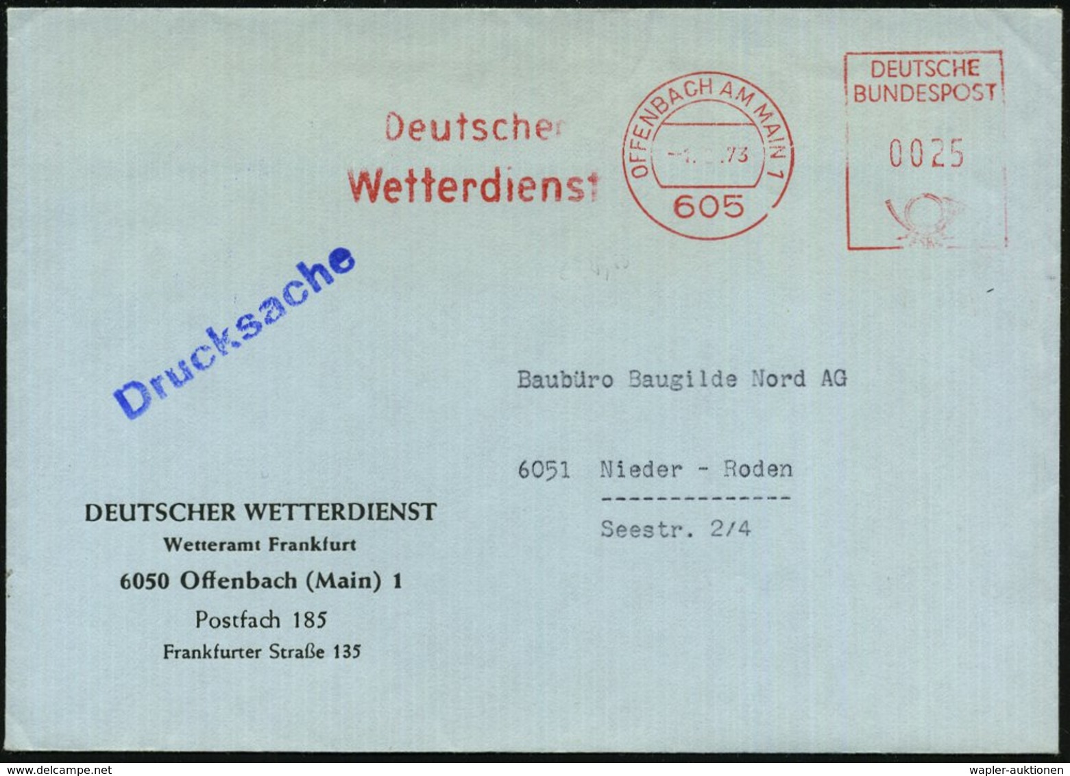 1973 605 OFFENBACH AM MAIN 1, Absender-Freistempel: Deutscher Wetterdienst, Dienstbrief - Meteorology / Meteorology / Me - Sonstige & Ohne Zuordnung