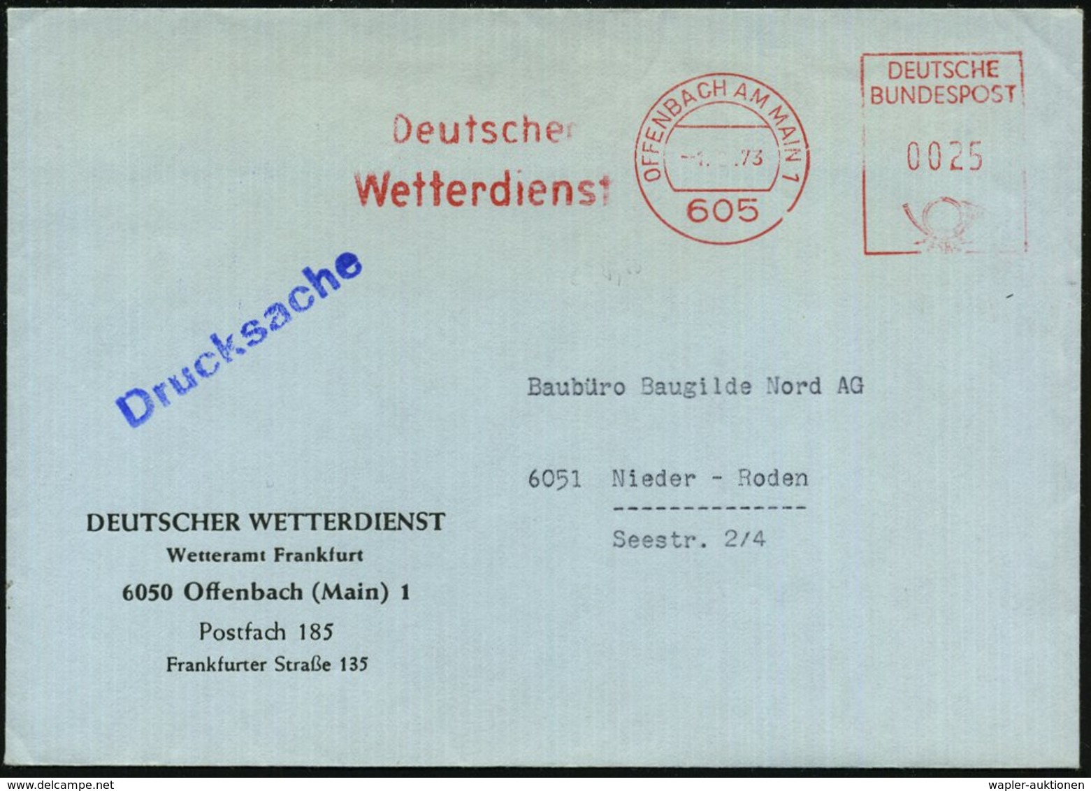 1973 605 OFFENBACH AM MAIN 1, Absender-Freistempel: Deutscher Wetterdienst, Dienstbrief - Meteorology / Meteorology / Me - Other & Unclassified