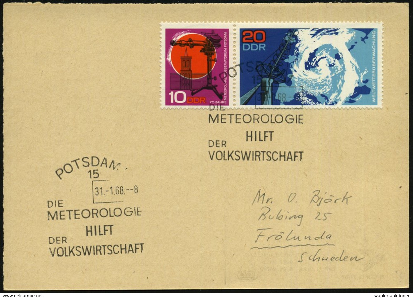 1968 (31.1.) 15 POTSDAM, "75. Jahre Meteorologisches Observatorium Postdam", Zus.-Druck 10 + 20 Pf. + Passender Sonderst - Other & Unclassified