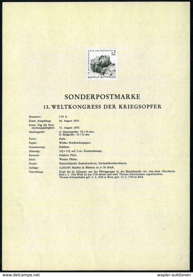 1970 (Aug.) ÖSTERREICH, 3,50 S. "13. Weltkongress Der Kriegsopfer" (Sterbender) Ungez. Schwarzdruck Auf Amtl. Ankündigun - Sonstige & Ohne Zuordnung