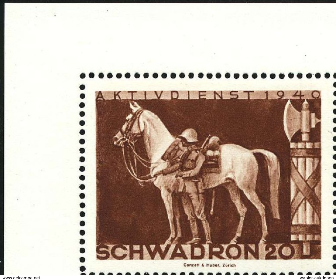 1940 SCHWEIZ, Soldatenmarke "SCHWADRON 20" (Kavallerist Mit Pferd U. Liktorenbündel) Bogen-Eckrandstück, Postfrisch (Su. - Other & Unclassified