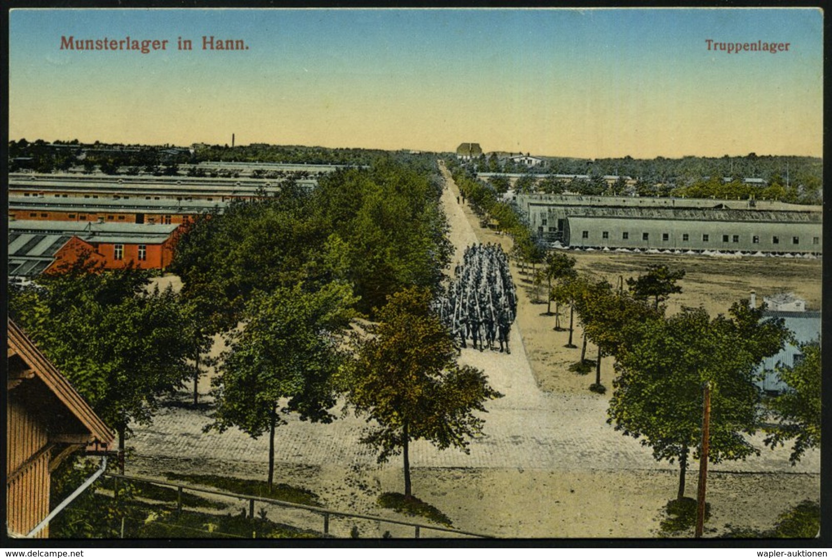 1915 (1.9.) MUNSTER (LAGER), 1K-Brücke = Hauspostamt Truppenübungsplatz + Hs. Abs., Color-Feldpost-Foto-Ak.: Munsterlage - Other & Unclassified