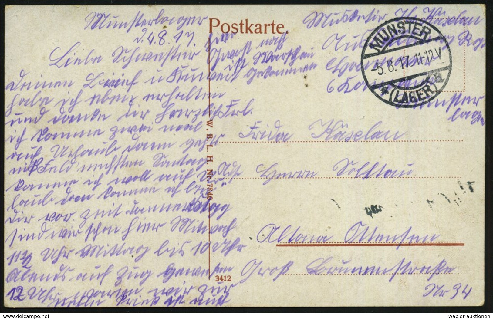 1917 (5.8.) MUNSTER (LAGER), 1K-Brücke = Hauspostamt Truppenübungsplatz + Hs. Abs., Color-Feldpost-Foto-Ak.: Munsterlage - Other & Unclassified