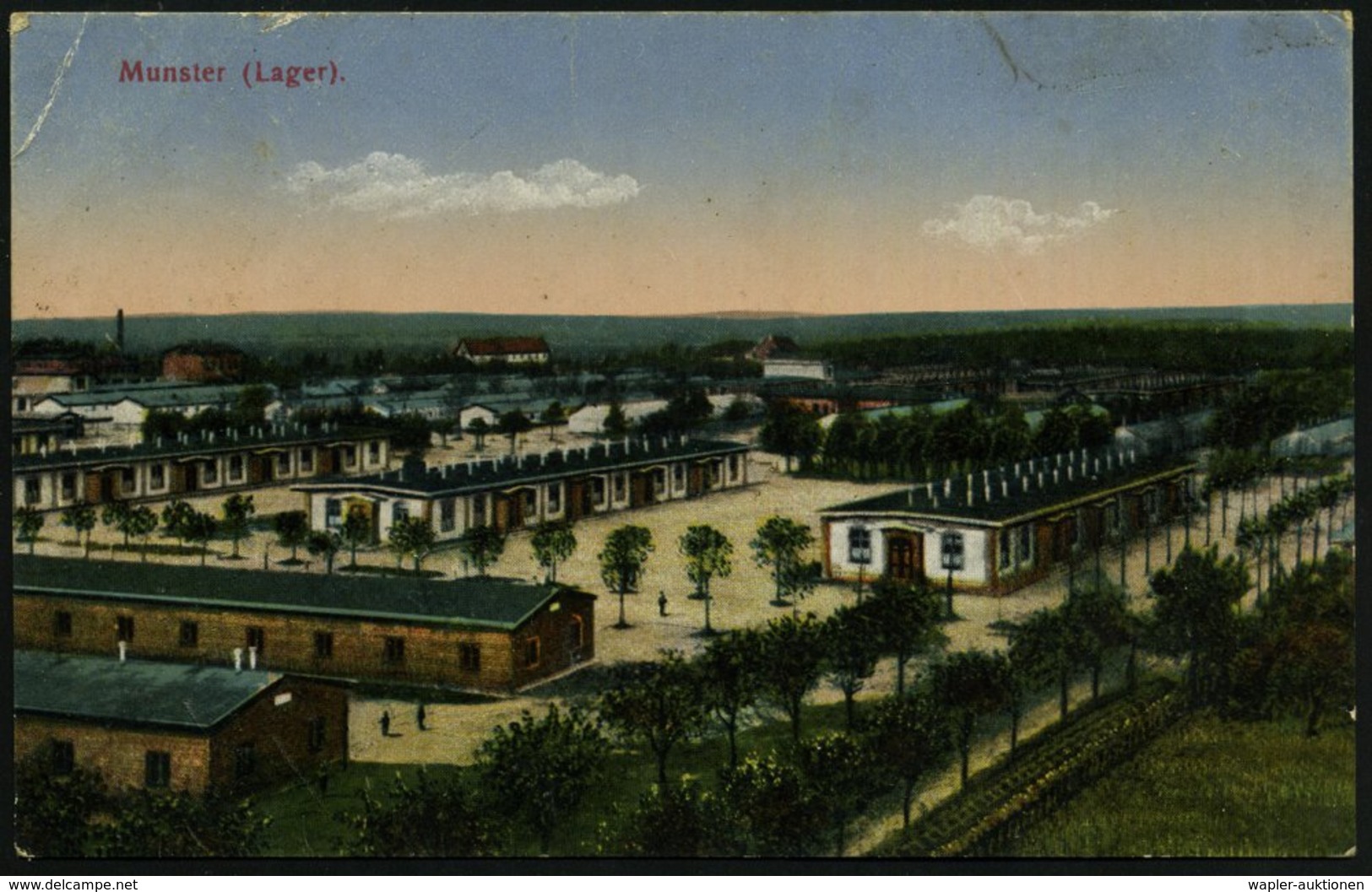 1917 (5.8.) MUNSTER (LAGER), 1K-Brücke = Hauspostamt Truppenübungsplatz + Hs. Abs., Color-Feldpost-Foto-Ak.: Munsterlage - Other & Unclassified