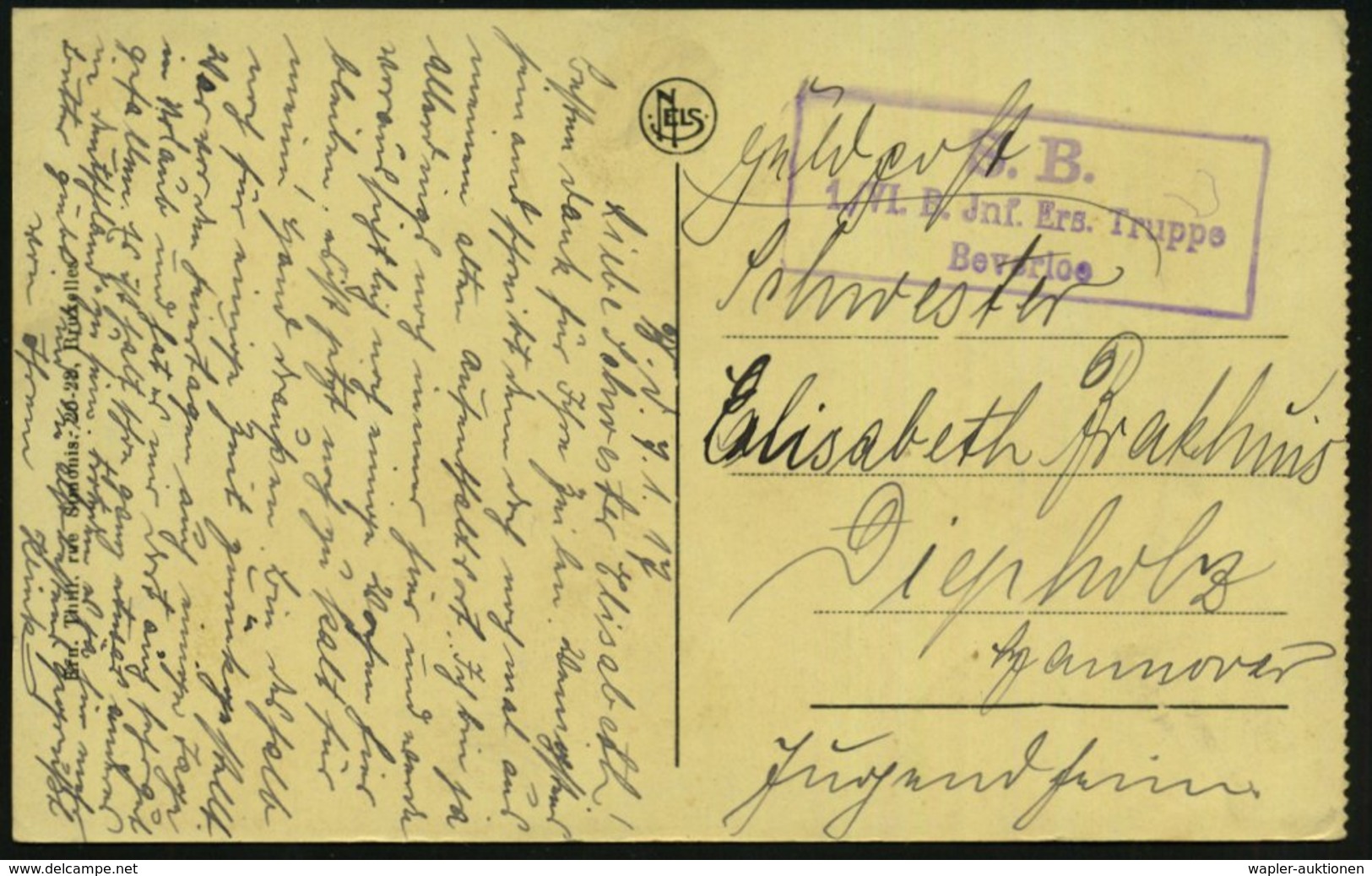 1917 (7.1.) DEUTSCHE BESETZUNG BELGIEN, Viol. Briefstempel: S.B., 1. VI. R. Inf. Ers. Truppe Beverloo = Truppenübungspla - Other & Unclassified