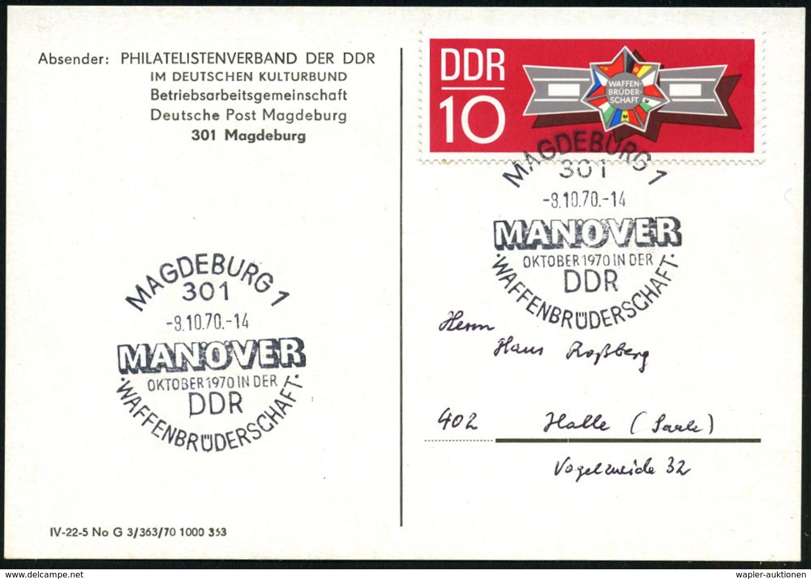 1970 (8.10.) 301 MAGDEBURG 1, Sonderstempel: MANÖVER WAFFENBRÜDERSCHAFT = Manöver Des "Warschauer Paktes" , Passende EF  - Other & Unclassified