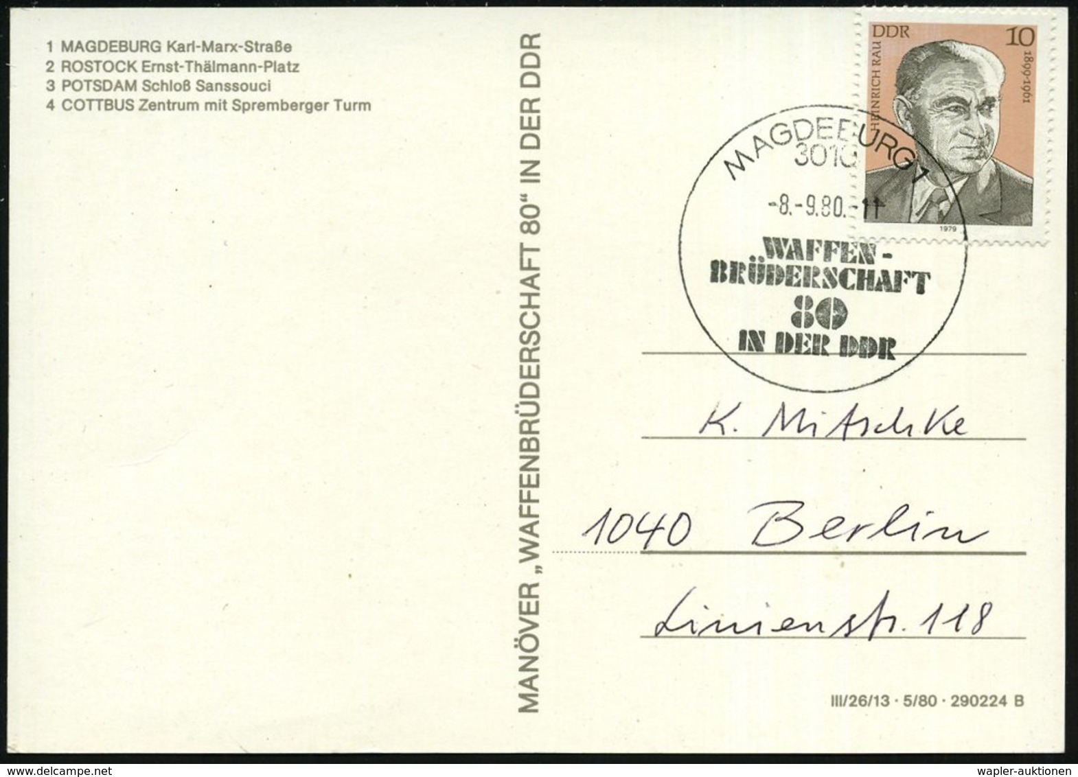 1980 (8.9.) 3010 MAGDEBURG 1, Sonderstempel: WAFFENBRÜDERSCHAFT 80 = Manöver "Warschauer Pakt" Auf Passender Color-Sonde - Other & Unclassified