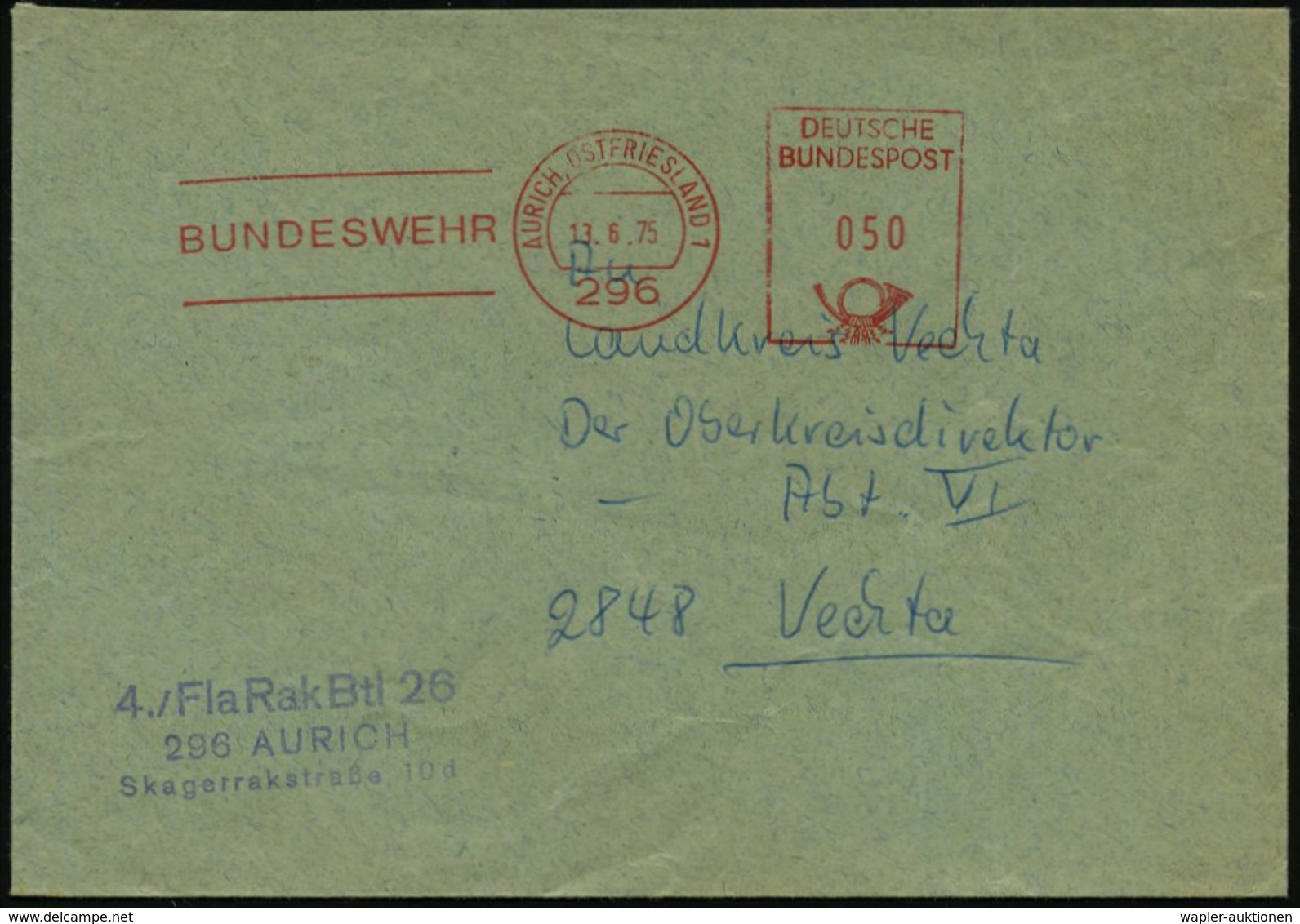 1975 (13.6.) 296 AURICH 1, Absender-Freistempel: BUNDESWEHR + Briefstempel: 4. Fla. Rak(eten) Btl 26.., Dienstbrief - Bu - Other & Unclassified