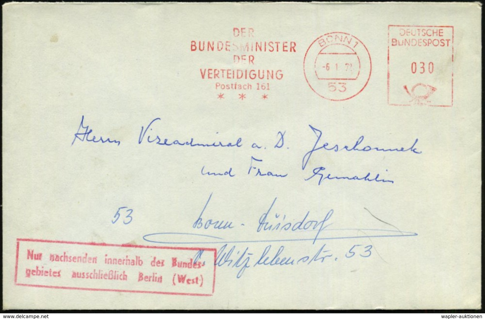 1971 (6.1.) 53 BONN 1, Absender-Freistempel: DER BUNDESMINISTER DER VETEIDIGUNG, Postfach 161 + Roter Nebenstempel: Nur  - Other & Unclassified