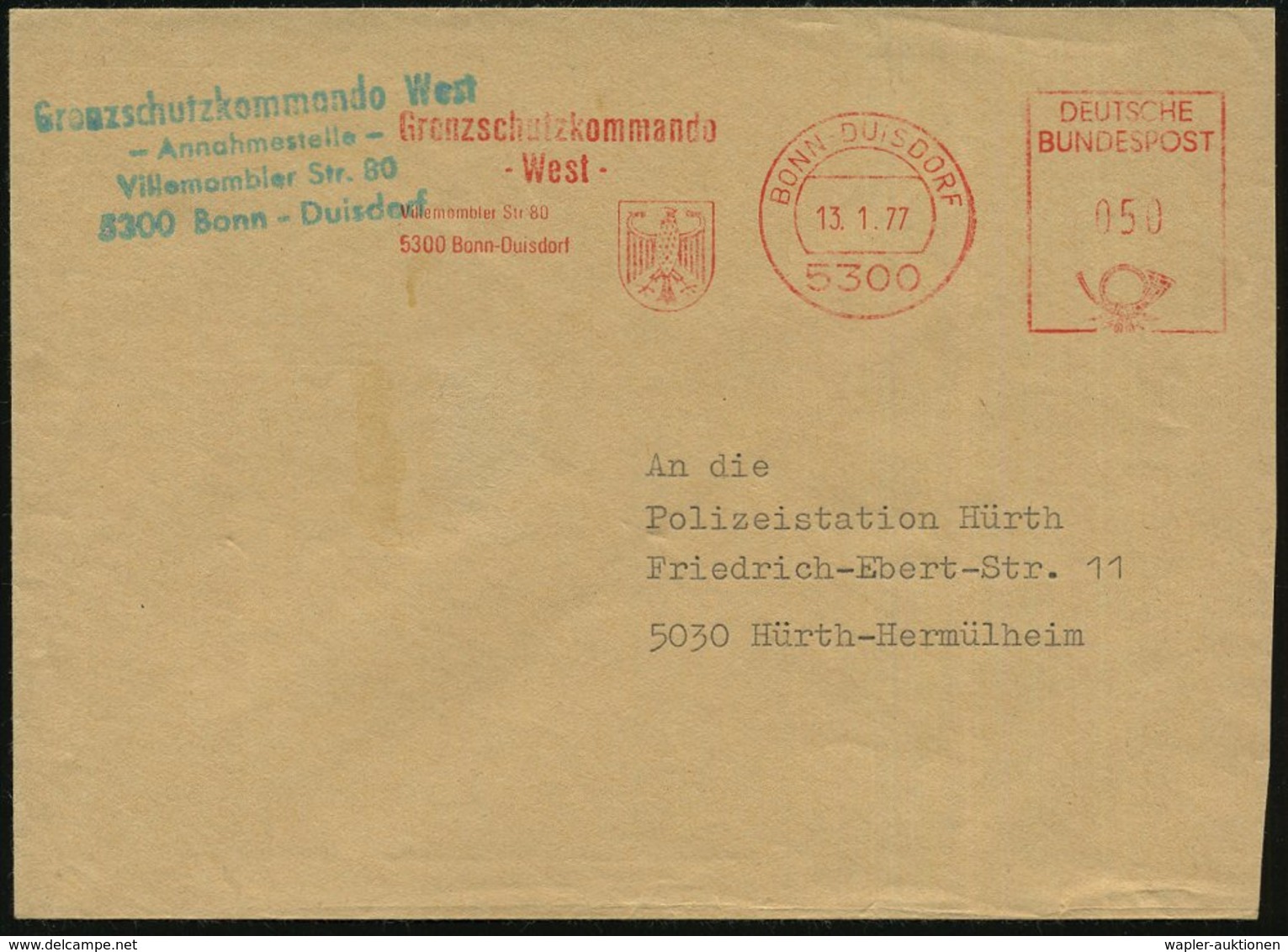 1977 (13.1.) 5300 BONN-DUISDORF, Absender-Freistempel: Grenzschutzkommando West.. (Wappen) + Entspr. Briefstempel, Diens - Other & Unclassified