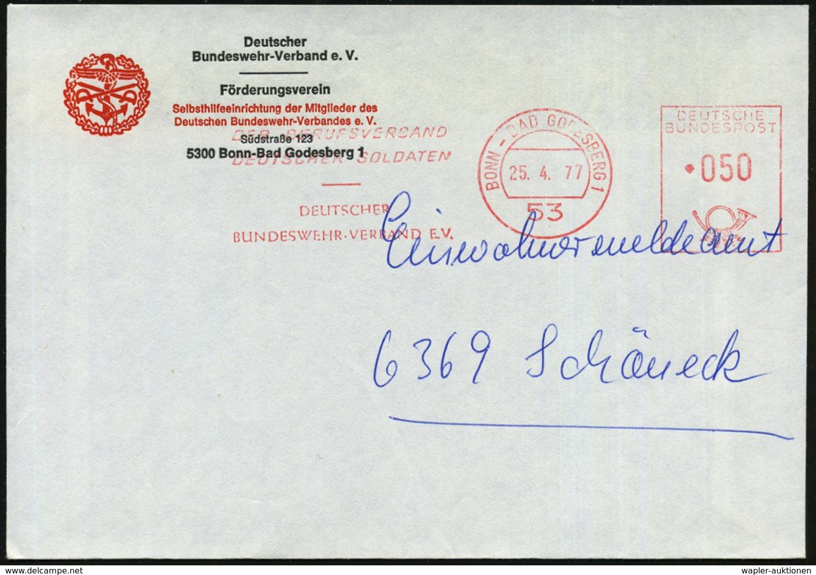 1977 (25.4.) 53 BONN-BAD GODESBERG 1, Absender-Freistempel: ..DEUTSCHER BUNDESWEHR-VERBAND Auf Entspr. Zweifarbigem Fern - Other & Unclassified