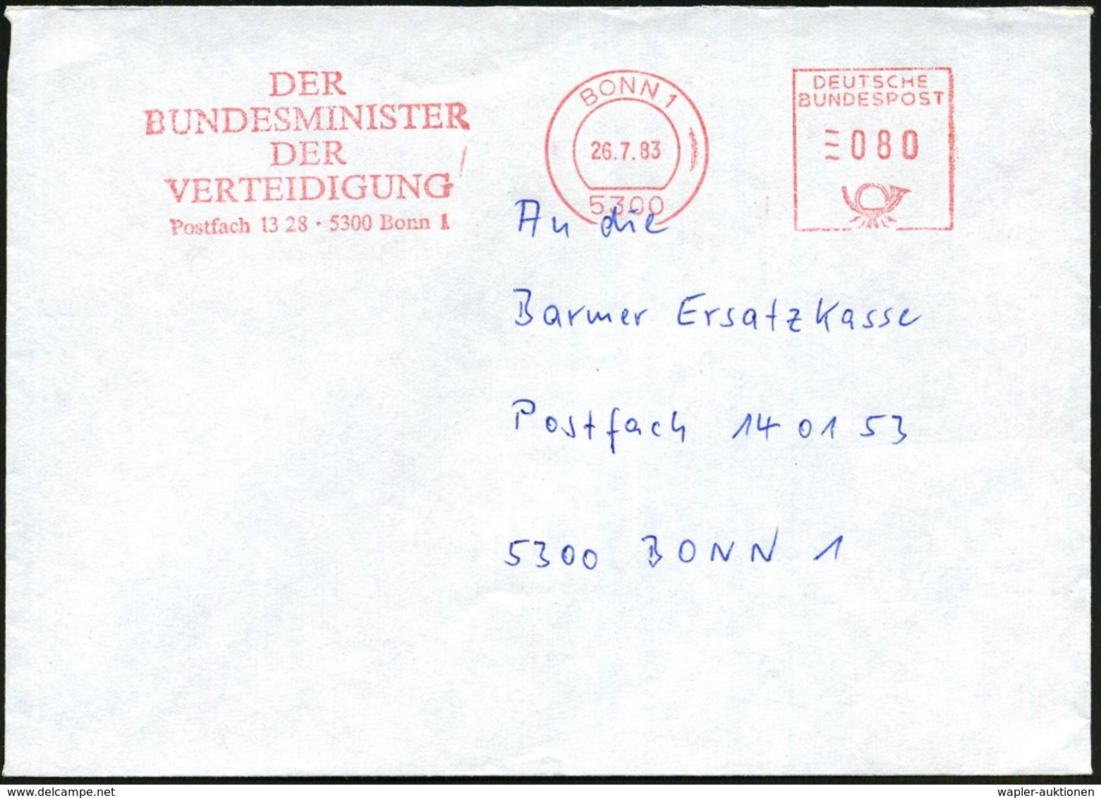 1983 (26.7.) 5300 BONN 1, Absender-Freistempel: DER BUNDESMINISTER DER VERTEIDIGUNG, Postfach 1328.., Rs. Abs.-Vordruck, - Other & Unclassified