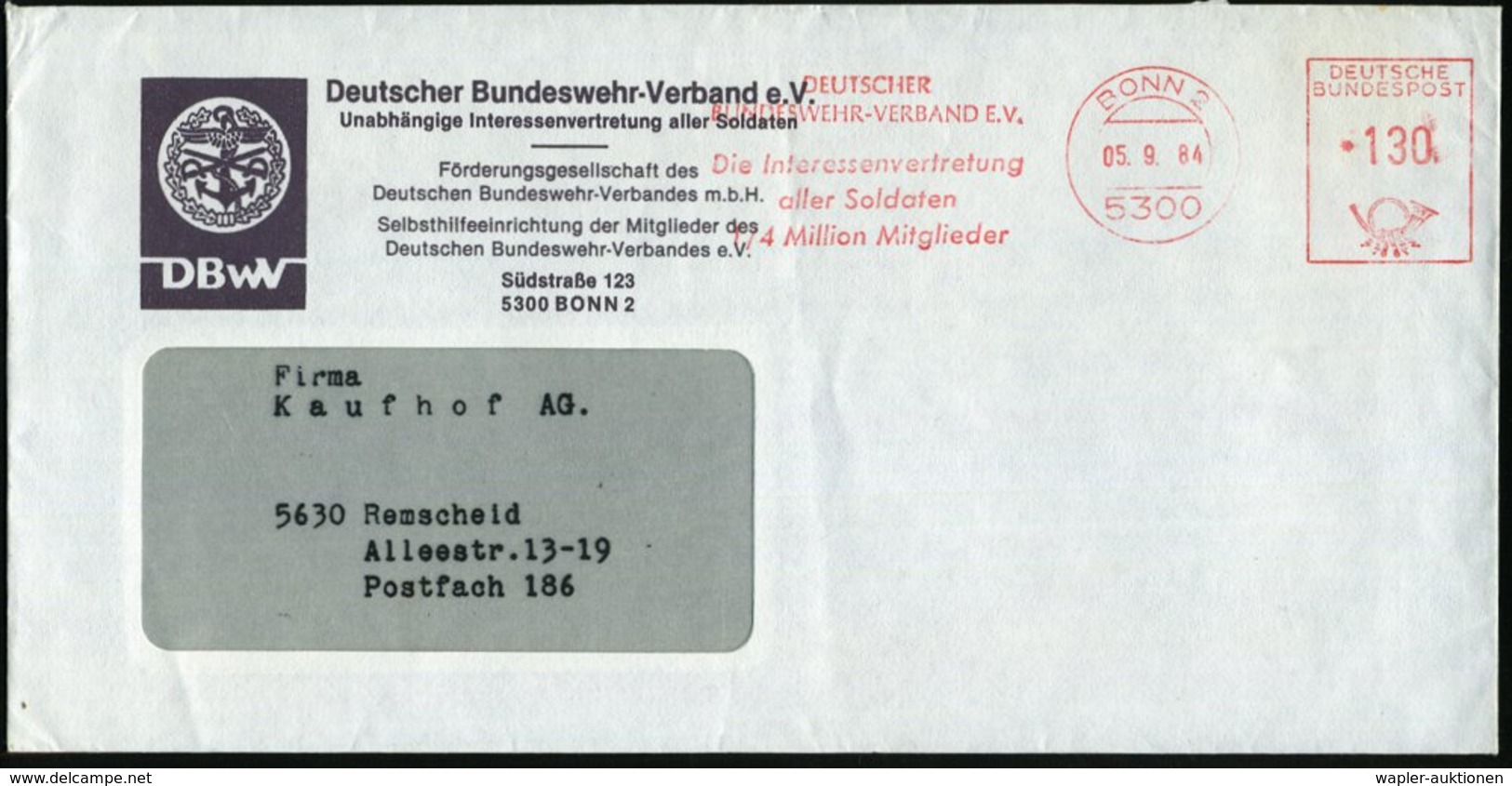 1984 (5.9.) 5300 BONN 2, Absender-Freistempel: DEUTSCHER BUNDESWEHR-VERBAND EV... 1/ 4 Million Mitglieder, Vordruckbrief - Other & Unclassified