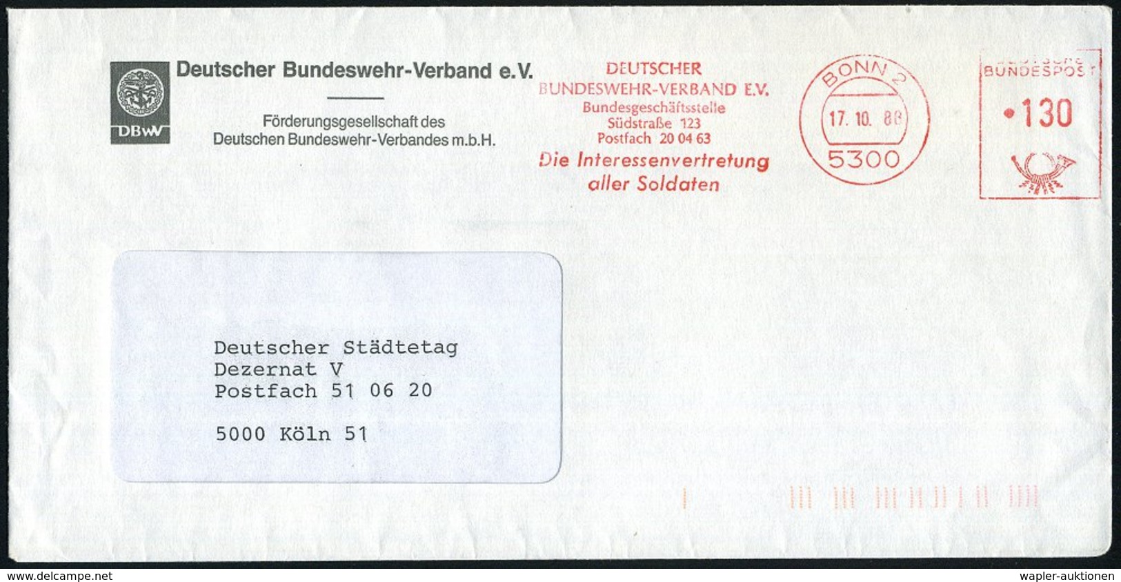 1988 (17.10.) 5300 BONN 2, Absender-Freistempel: DEUTSCHER BUNDESWEHR-VERBAND EV... Die Interessenvertretung Aller Solda - Other & Unclassified