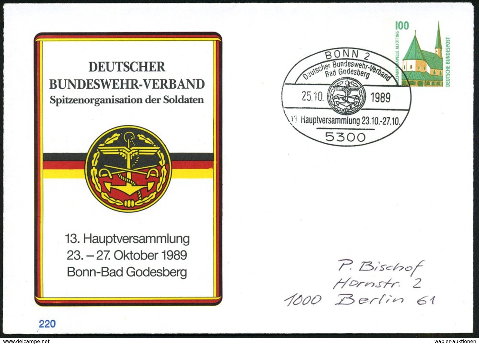 1989 (25.10.) 5300 BONN 2, Sonderstempel: Deutscher Bundeswehr-Verband, 13. Hauptversammlung (Logo Mit Symbolen Der 3 Wa - Other & Unclassified