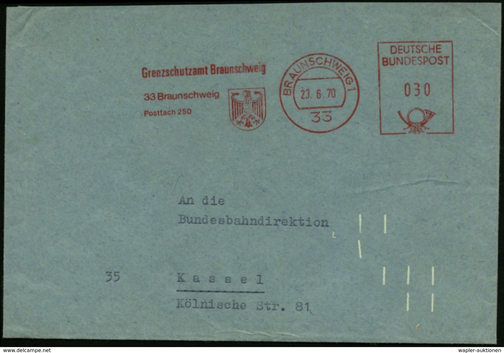 1970 (23.6.) 33 BRAUNSCHWEIG 1, Absender-Freistempel: Grenzschutzamt Braunschweig (Bundeswappen = Bundesgrenzschutz) Cod - Other & Unclassified