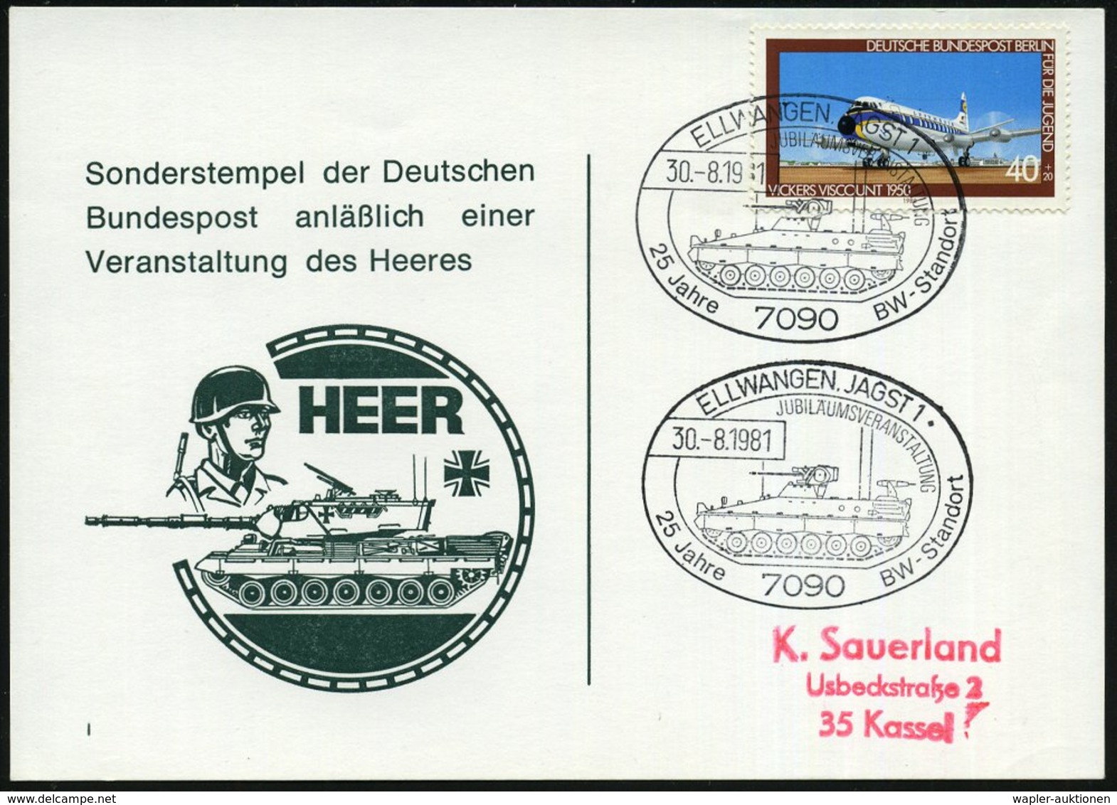 1981 (30.8.) 7090 ELLWANGEN 1, Sonderstempel: 25 Jahre BW-Standort (= Schützenpanzer "Marder") Auf Sonderkarte: HEER (Bo - Other & Unclassified