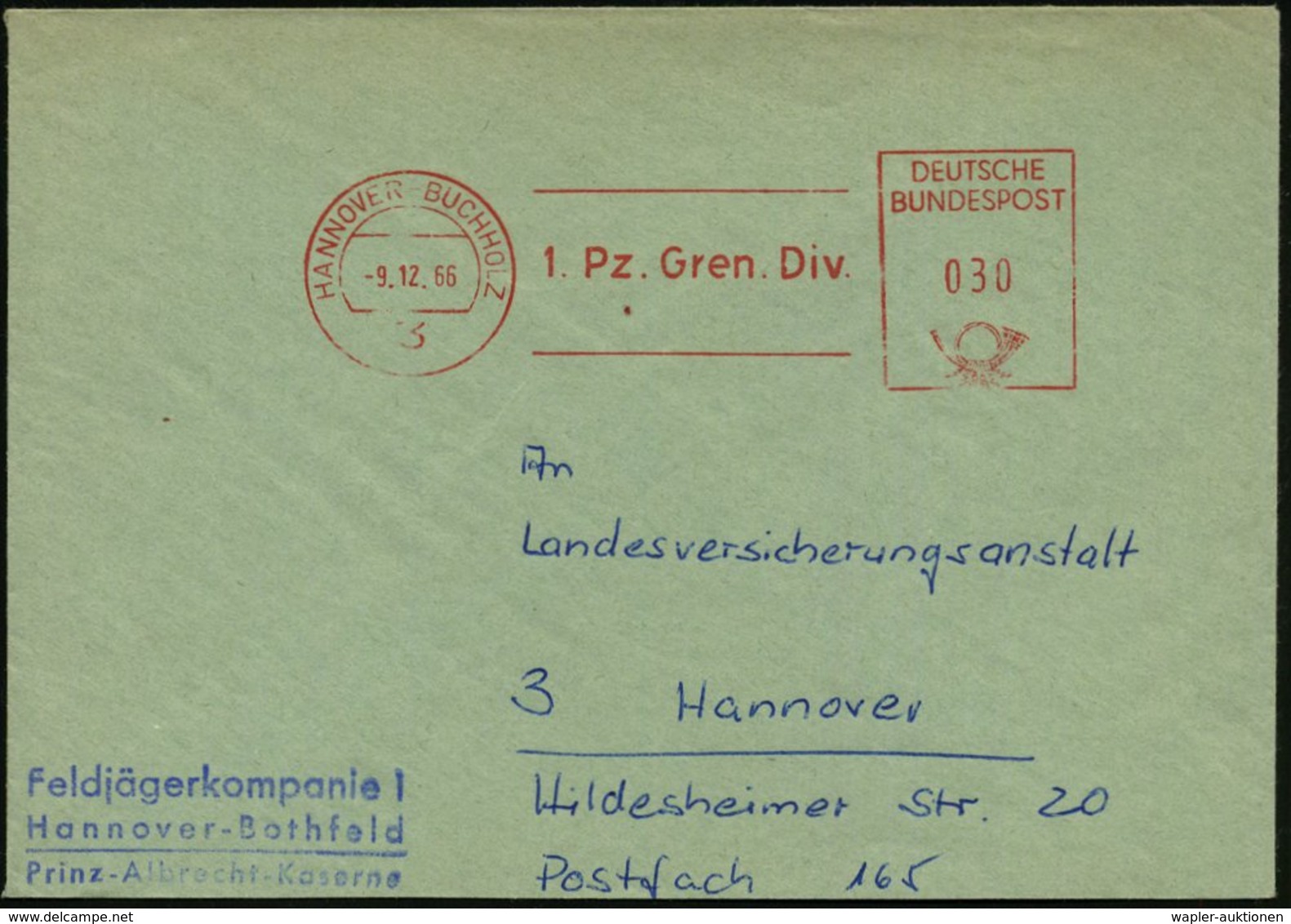 1966 (9.12.) 3 HANNOVER-BUCHHOLZ, Absender-Freistempel: 1. Pz. Gren. Div. + Briefstempel: Feldjägerkompanie 1.., Orts-Di - Other & Unclassified