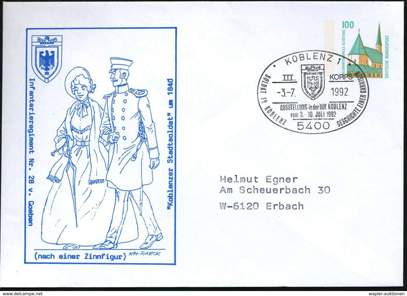 1992 (3.7.) 5400 KOBLENZ 1, Sonderstempel: III. KORPS.. GESCHITE EINER GARNISON (Wappen) Auf Passendem PU 100 Pf. Altött - Other & Unclassified