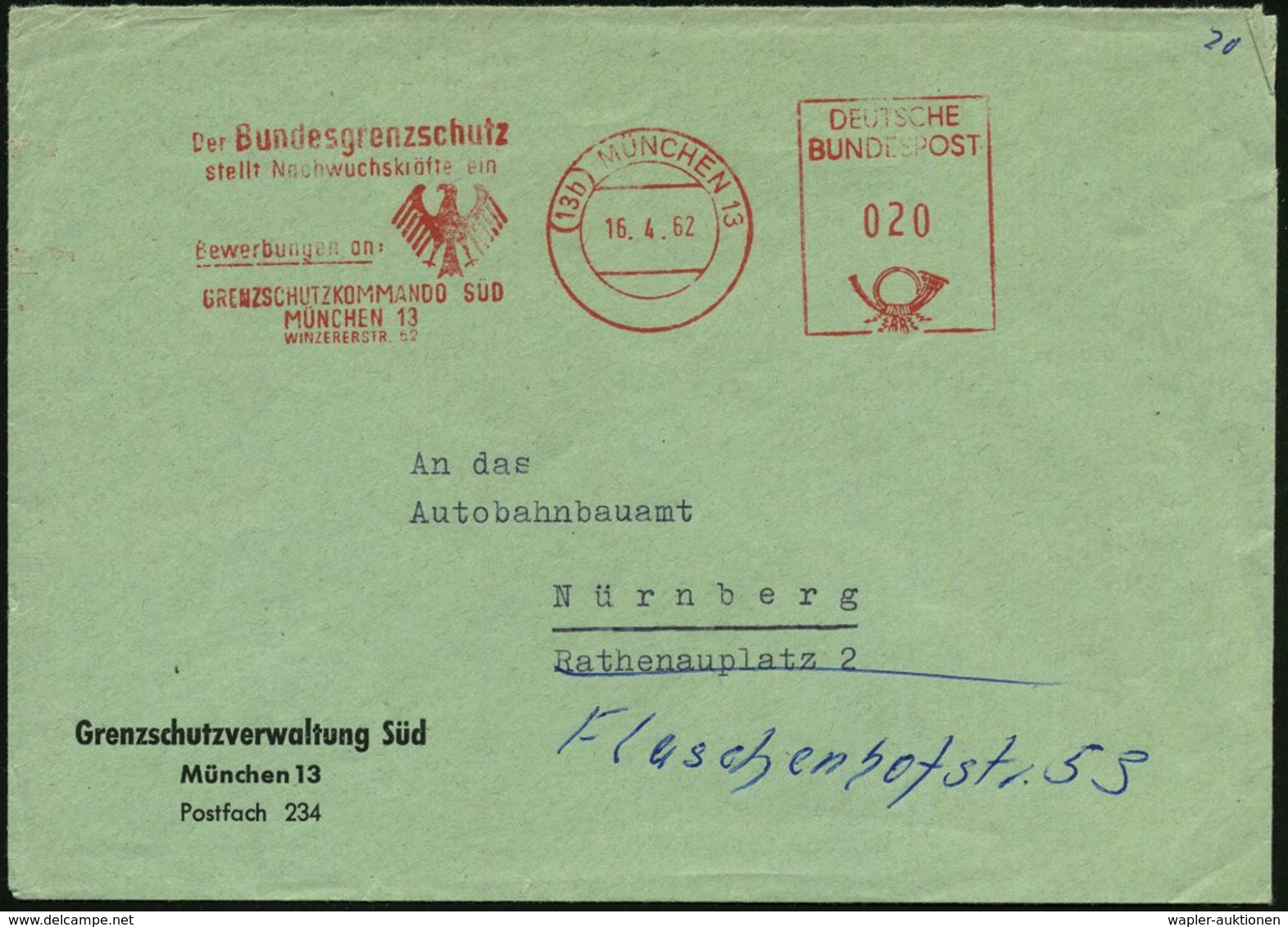 1962 (16.4.) (13 B) MÜNCHEN 13, Absender-Freistempel: Bundesgrenzschutz.. GRENZSCHUTZKOMMANDO SÜD (Adler) Nachgesandter  - Other & Unclassified