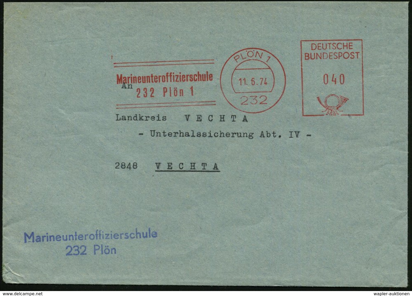 1974 (11.6.) 232 PLÖN 1, Absender-Freistempel: Marineunteroffizierschule + Blauer Briefstempel, Dienstbrief - Bundeswehr - Other & Unclassified