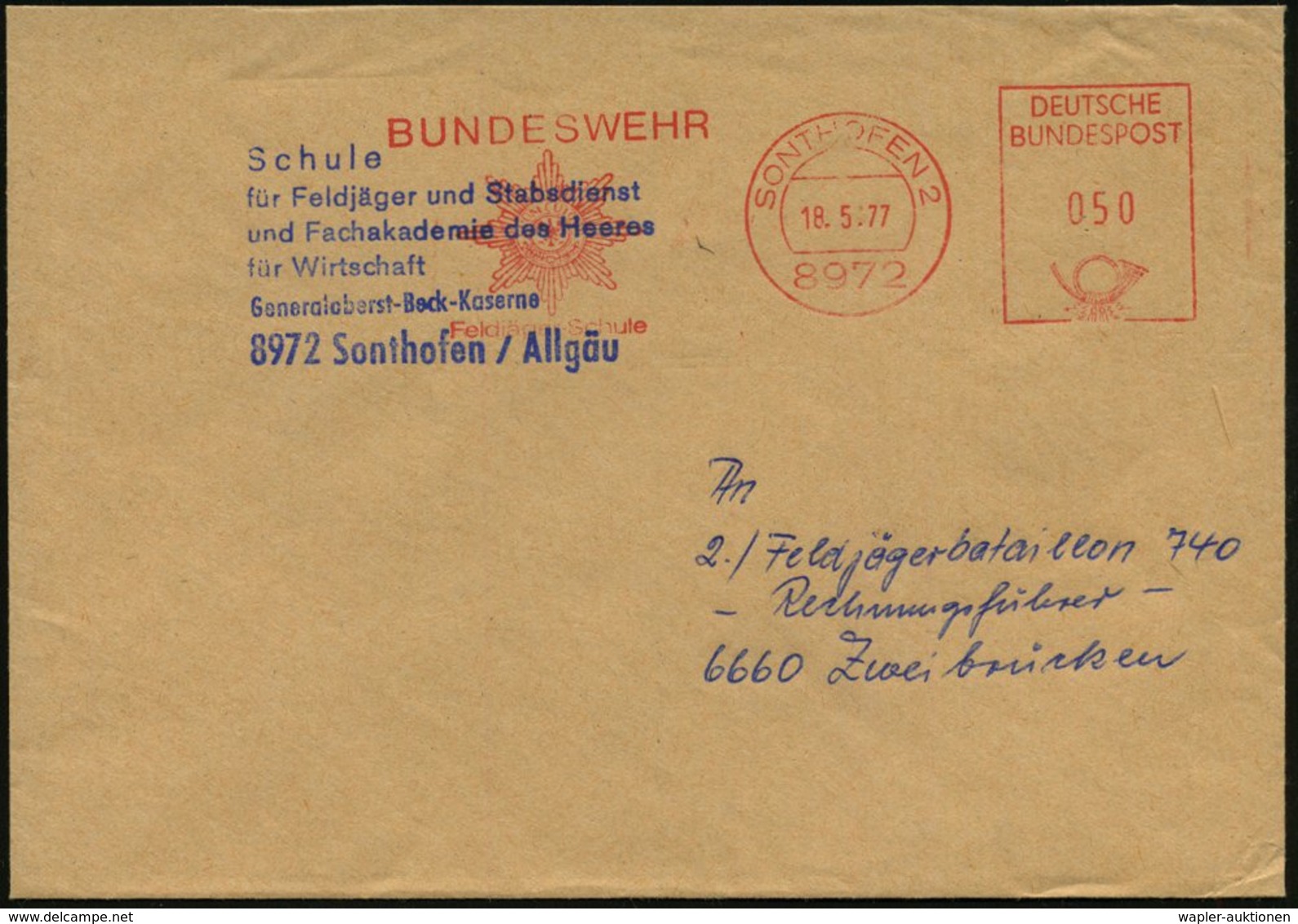1977 (18.5.) 8972 SONTHOFEN 2, Absender-Freistempel: BUNDESWEHR Feldjäger-Schule (Polizeistern) + Blauer Briefstempel, D - Autres & Non Classés