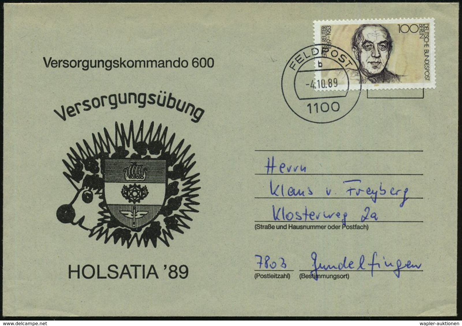 1989 (4.10.) B.R.D., 1K-Segment: 1100 FELDPOST Auf Feldpost-Sonderumschlag: Versorgungsübung HOLSATIA '89 (Igel, Wappen) - Other & Unclassified