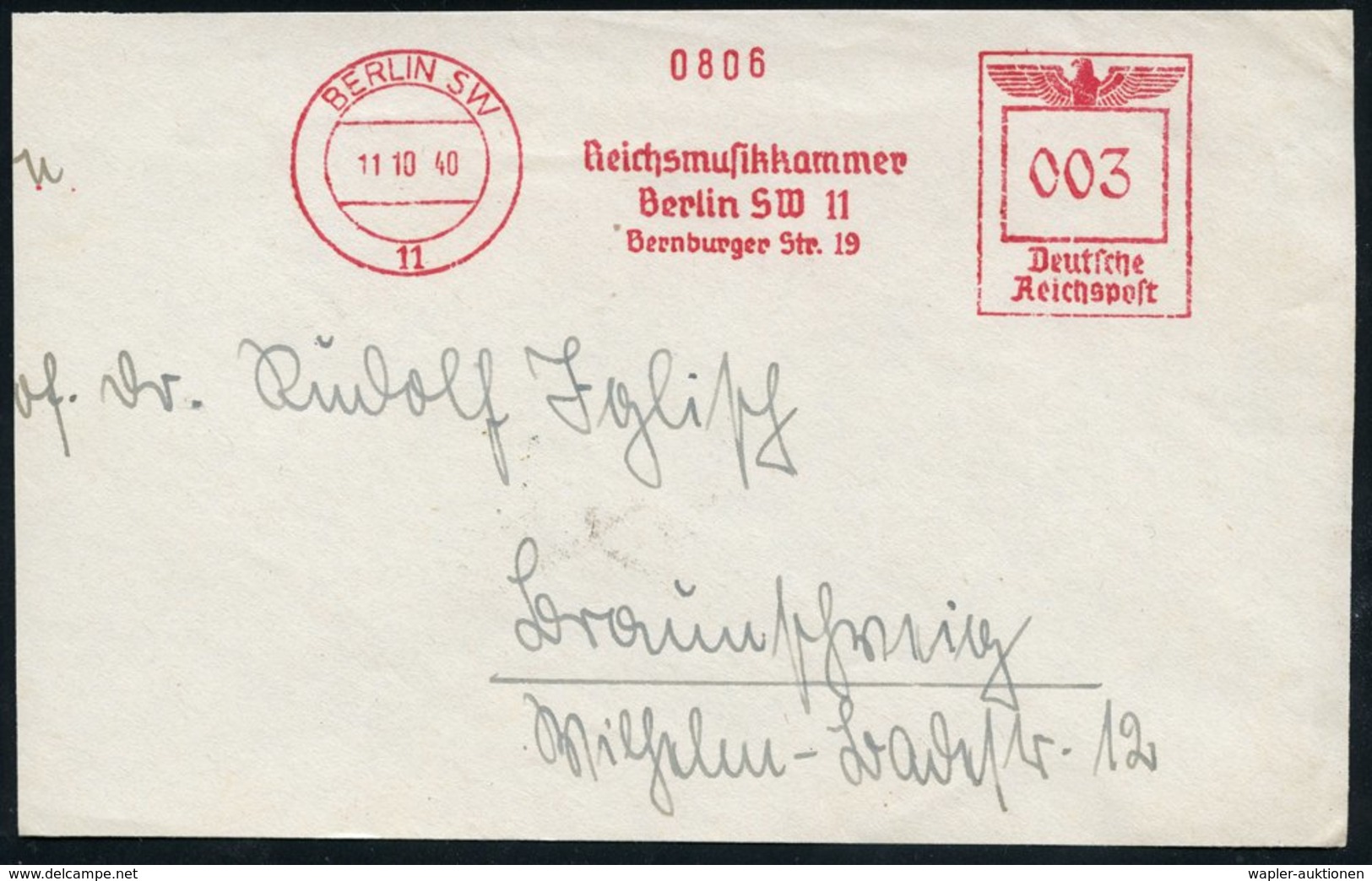 1940 (11.10.) BERLIN SW 11, Absender-Freistempel: Reichsmusikkammer = NS-Zensur- U. Richtlinien-Behörde Für Musik-Kultur - Other & Unclassified