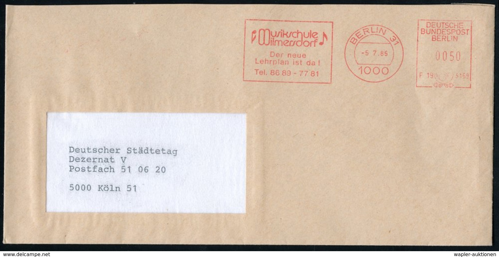 1985 (5.7.) 1000 BERLIN 31, Absender-Freistempel: Musikschule Wilmerdsdorf.. (2 Noten) Ortsbrief - Musik / Music / Musiq - Other & Unclassified
