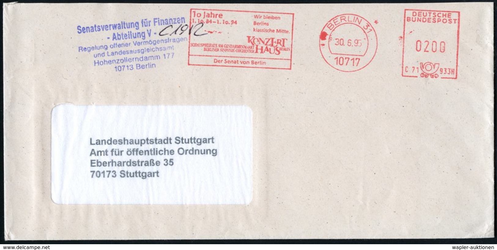 1995 (30.6.) 10717 BERLIN 31, Kommunaler Absender-Freistempel: 10 Jahre SCHAUSPIELHAUS AM GENDARMENMARKT KONZERTHAUS..,  - Other & Unclassified