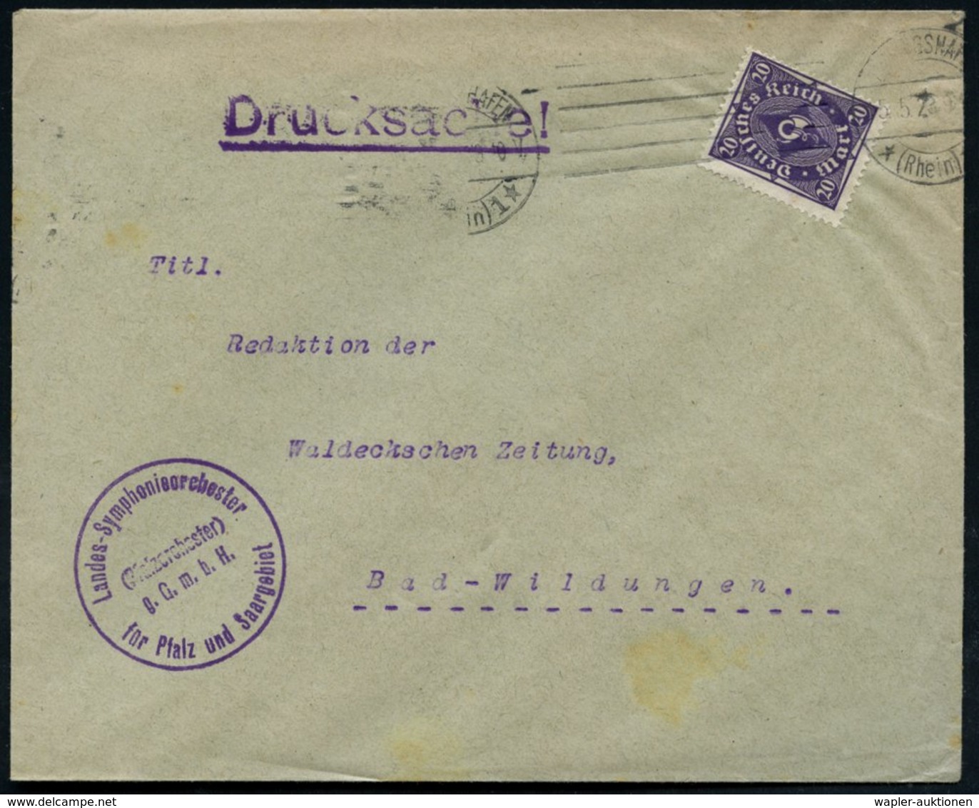 1923 (5.5.) Ludwigshafen 1, Viol. Briefstempel: Landes-Symphonieorchester Für Rheinland-Pfalz.. , EF 20 Mk. Posthorn, Fe - Other & Unclassified