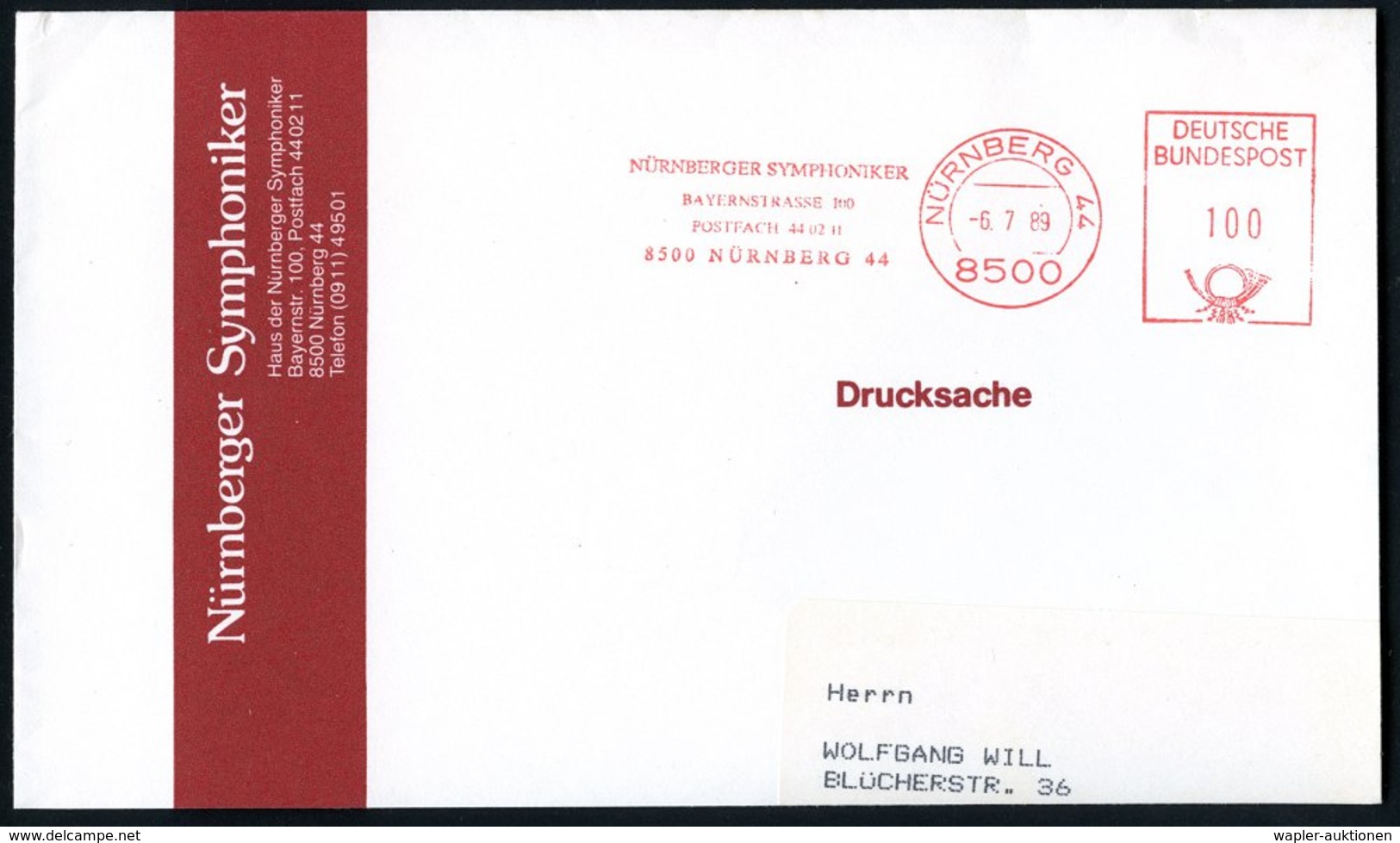 1989 (6.7.) 8500 NÜRNBERG 44, Absender-Freistempel: NÜRNBERGER SYMPHONIKER.., Teil-Brief - Musik / Music / Musique / Mus - Other & Unclassified