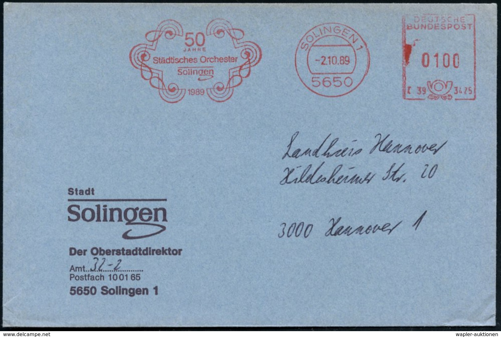 1989 (2.10.) 5650 SOLINGEN 1, Jubil.-Absender-Freistempel: 50 JAHRE Städt. Orchester (Zierrahmen Aus Noten) Kommunalbrie - Other & Unclassified