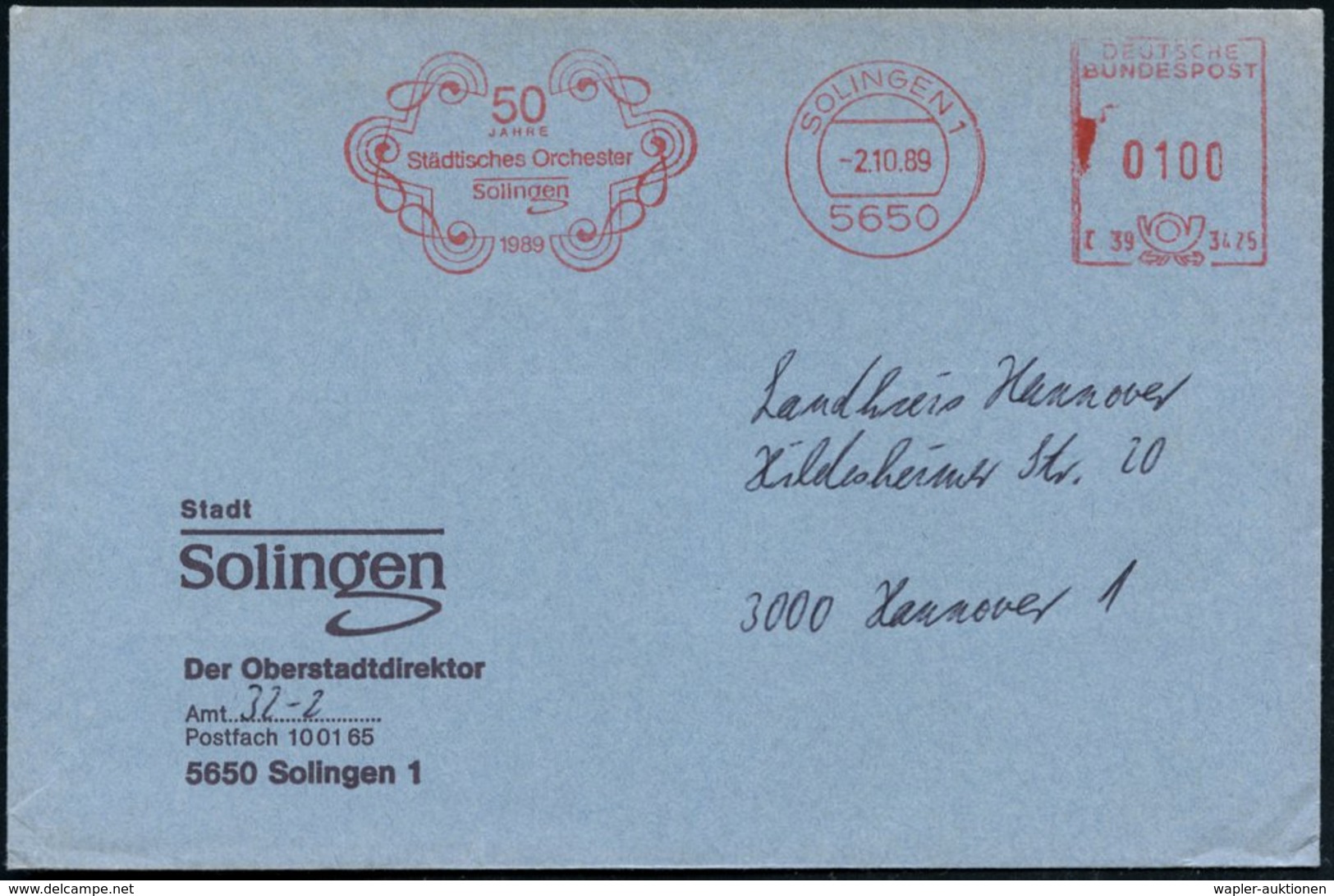 1989 (2.10.) 5650 SOLINGEN 1, Jubil.-Absender-Freistempel: 50 JAHRE Städt. Orchester (Zierrahmen Aus Noten) Kommunalbrie - Sonstige & Ohne Zuordnung