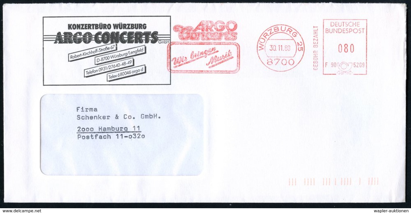 1988 8700 WÜRZBURG 23, Absender-Freistempel: ARGO CONCERTS.. , Firmen-Fernbrief - Musik / Music / Musique / Musica - Sonstige & Ohne Zuordnung