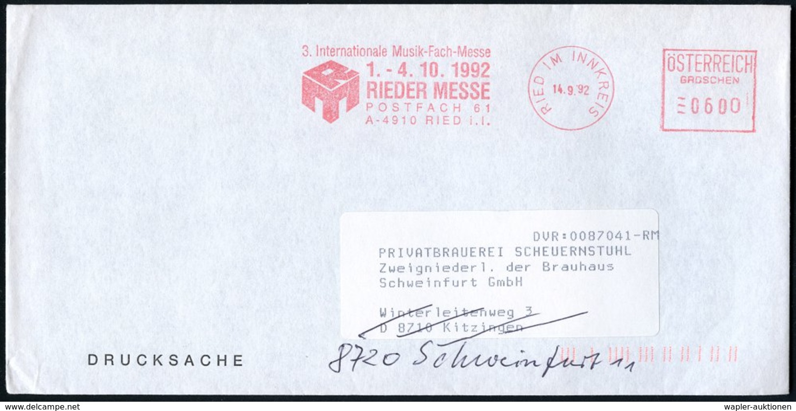 1992 (14.9.) ÖSTERREICH, Absender-Freistempel: RIED IM INNKREIS, 3. Internat. Musik-Fach-Messe.. , Nachgesandter Ausl.-B - Other & Unclassified