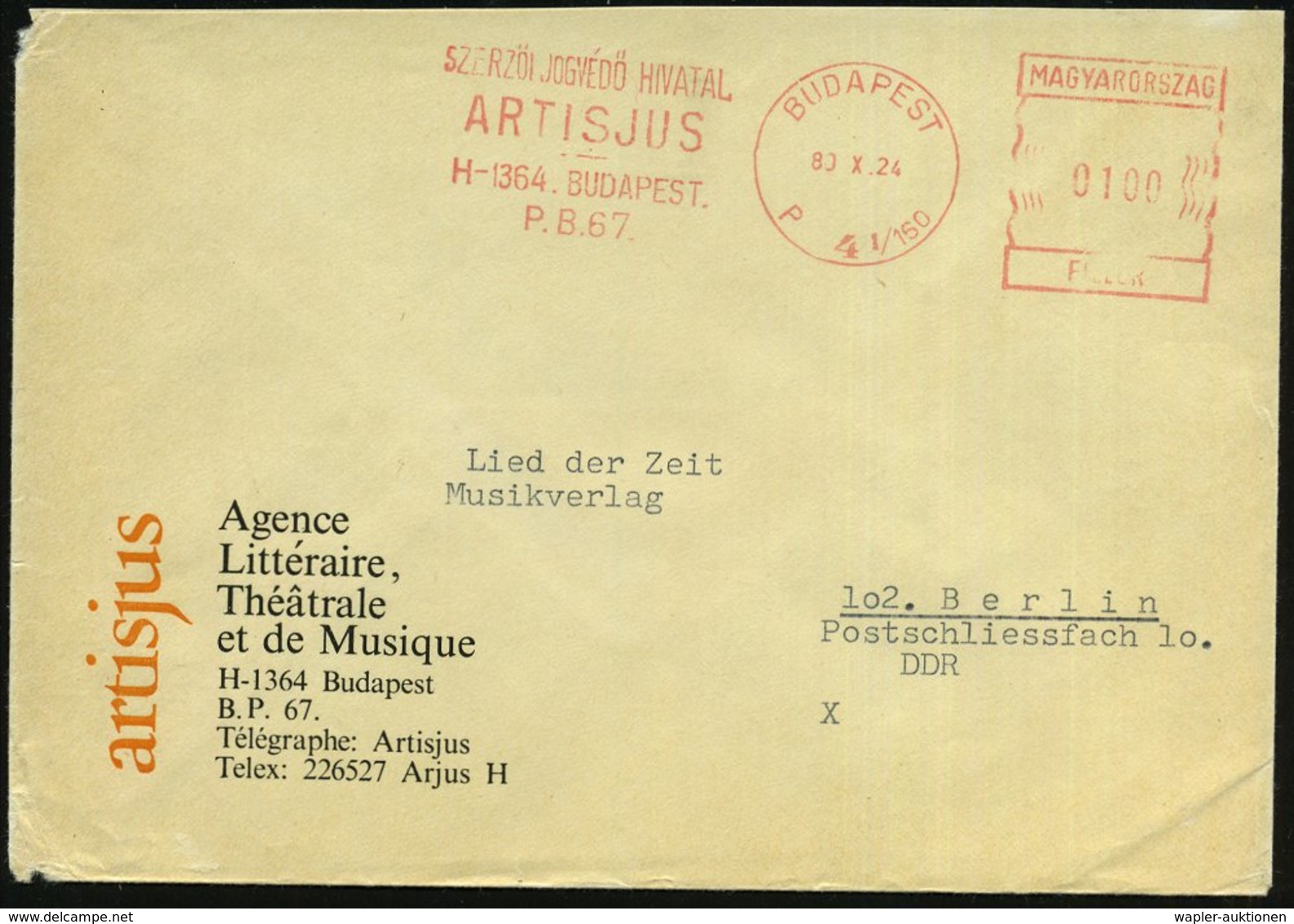 1980 UNGARN, Absender-Freistempel: BUDAPEST 4, ARTISJUS.. Auf Firmenbrief: Agence Littßeraire, Théatrale Et De La Musiqu - Other & Unclassified