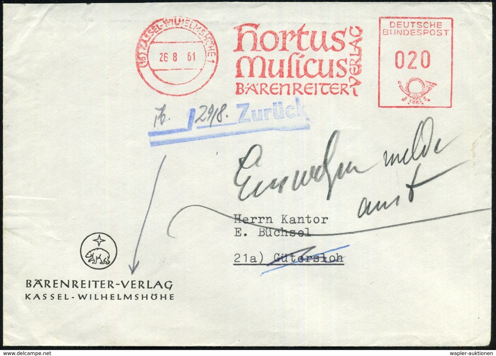 1961 (16) KASSEL-WILHELMSHÖHE 1, Absender-Freistempel; Hortus Musicus BÄRENREITER-VERLAG (Bf. Klappenmängel) Retour-Firm - Altri & Non Classificati