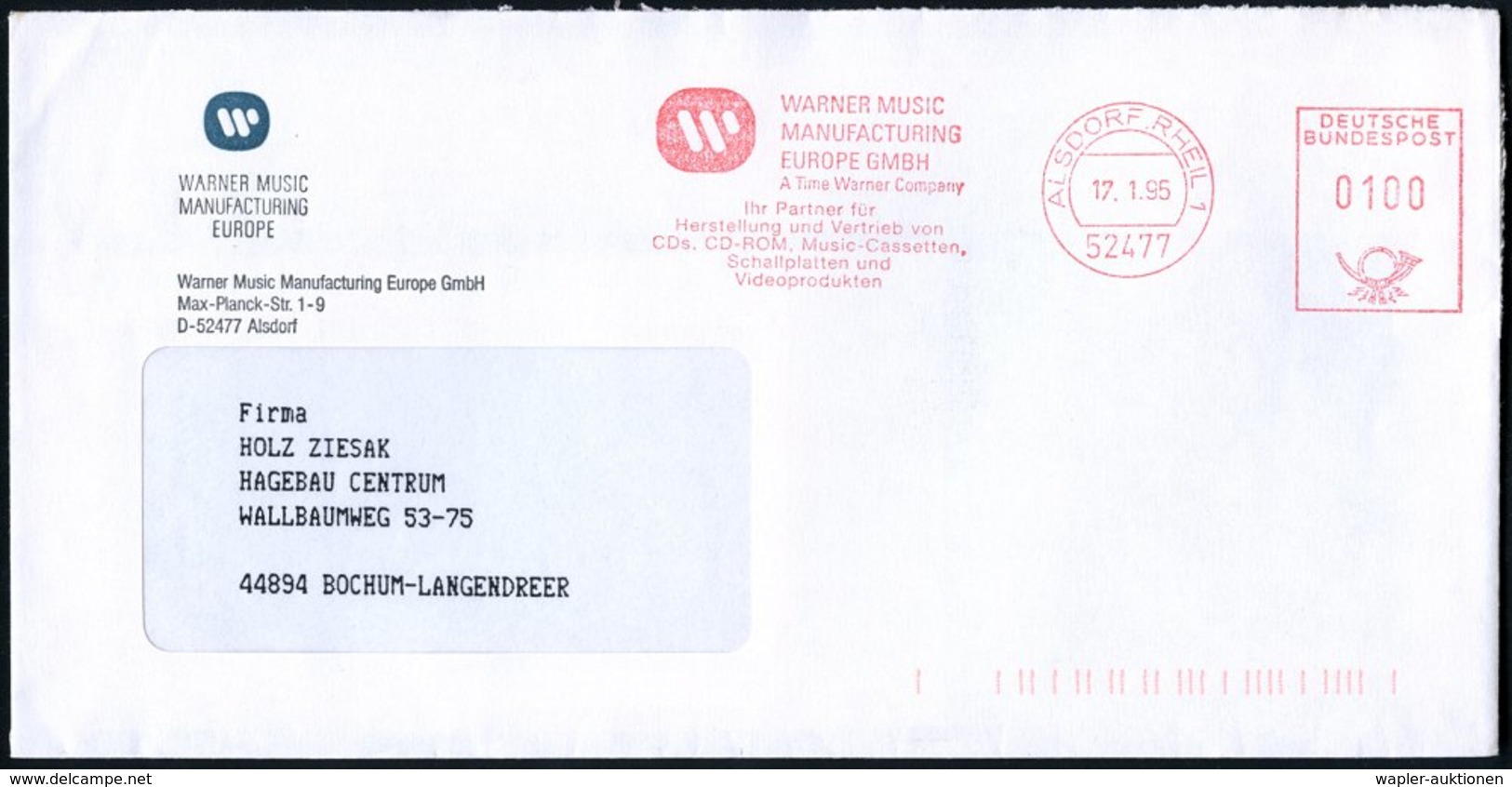 1995 (17.1.) 52477 ALSDORF 1, Absender-Freistempel: WARNER MUSIC:: EUROPE GMBH (Monogramm-Logo) Motivgleicher Firmenbrie - Other & Unclassified