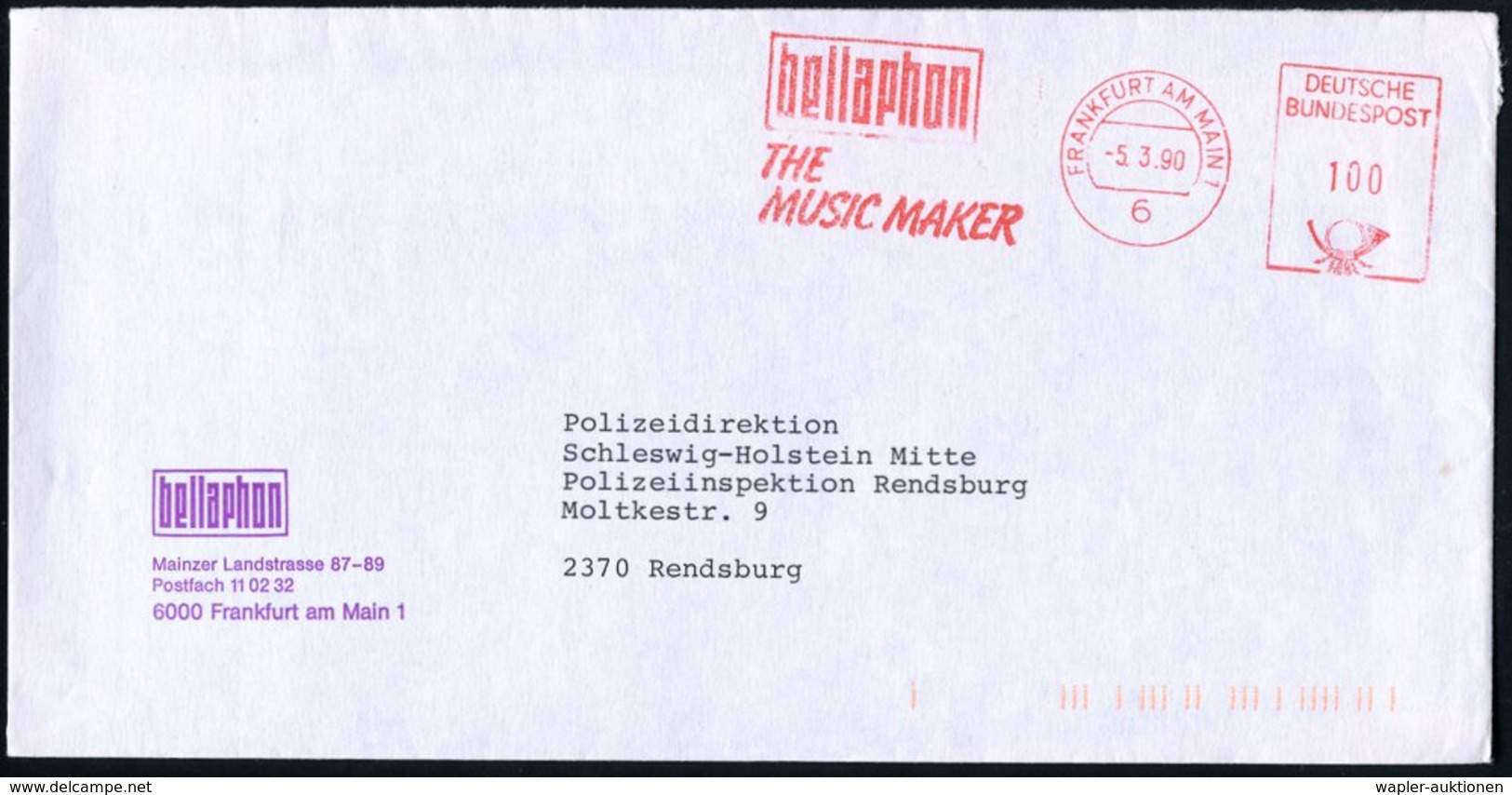 1990 6 FRANKFURT AM MAIN 1, Absender-Freistempel: Bellaphon THE MUCIC MAKER, Firmenbrief - Schallplatte & CD / Record &  - Other & Unclassified