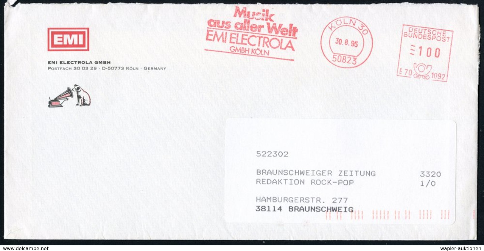 1995 50823 KÖLN 30, Absender-Freistempel: Musik Aus Aller Welt EMI ELECTROLA GMBH Auf Firmen-Reklamebrief: Hund Vor Gram - Other & Unclassified