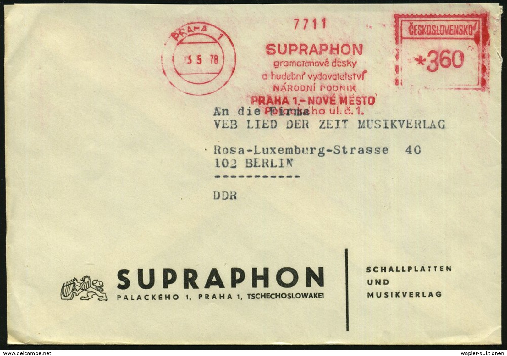 1987 TSCHECHOSLOWAKEI, Absender-Freistempel: PRAHA 1, SUPRAPHON Gramatonové Descy.., Ausl.-Firmenbrief - Schallplatte &  - Other & Unclassified
