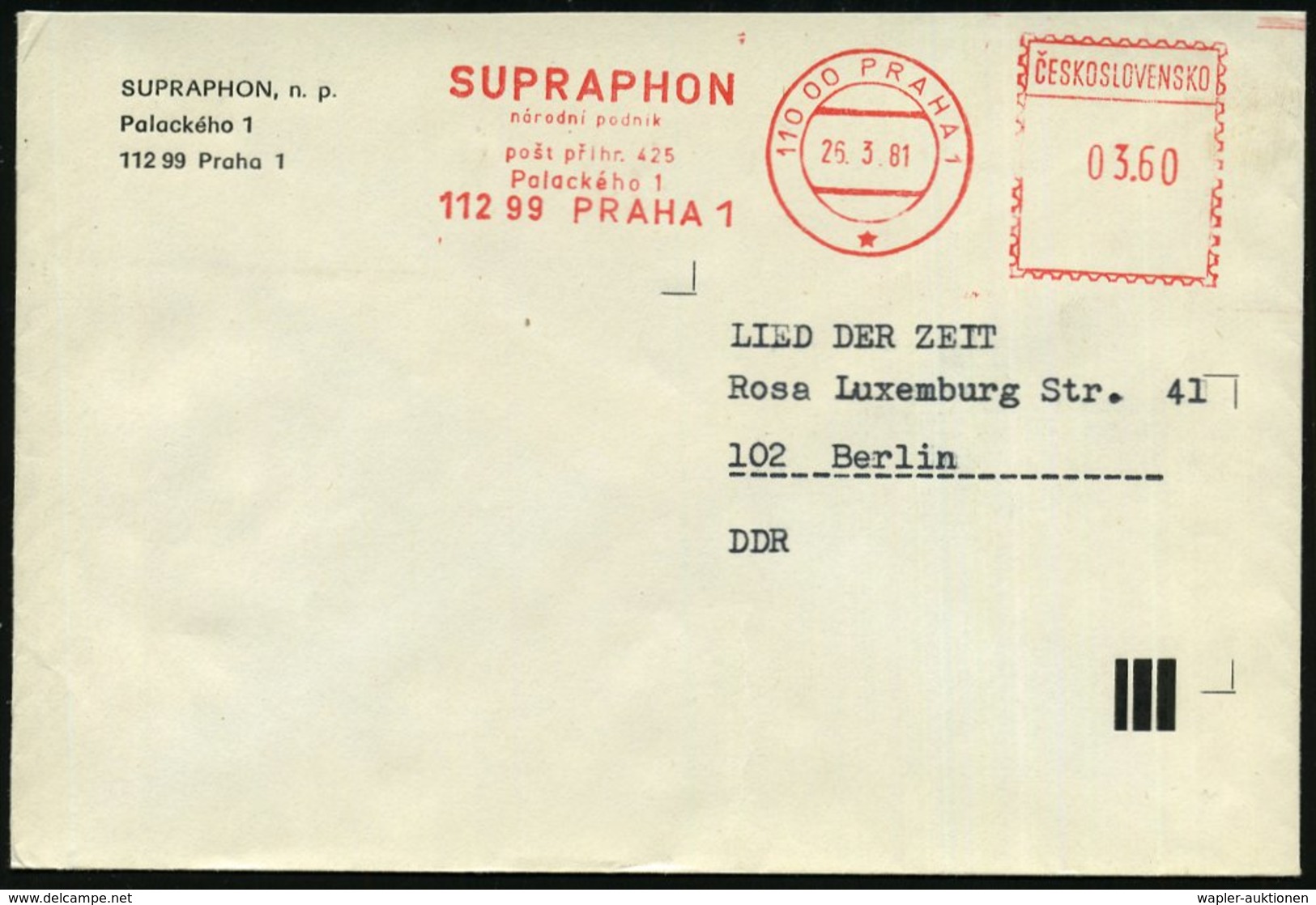 1981 TSCHECHOSLOWAKEI, Absender-Freistempel: 110 00 PRAHA 1, SUPRAPHON Narodni Podnik.., Ausl.-Firmenbrief - Schallplatt - Other & Unclassified